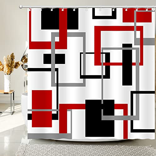 BOLIYVAN Roter und schwarzer Duschvorhang, Abstrakter geometrischer moderner Duschvorhang für Hotel, wasserdichter Duschvorhang, 150 cm - 180 cm