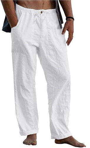 LVCBL Leinenhose Herren Sommerhose Herren mit Elastischem Bund | Lange Freizeithose mit Kordelzug und Taschen für Urlaub, Strand und Alltag