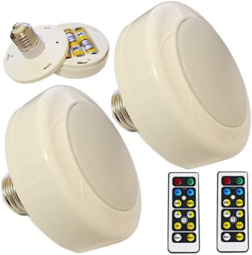 2 Pack Battery Operated light Bulb with Remote Controlled,Backup Battery Powered Led Light Bulbs,Wireless Light Bulb Dimmable Timer E26 Screw in for Indoor Sconce and Hanging Lamp Without Electricity