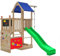 Spielturm Alex 232 - natürlich Lärche - mit Kletterwand, Feuerwehrstange, Kreidetafel, Kletterseil, Kaufladen und Rutsche apfelgrün