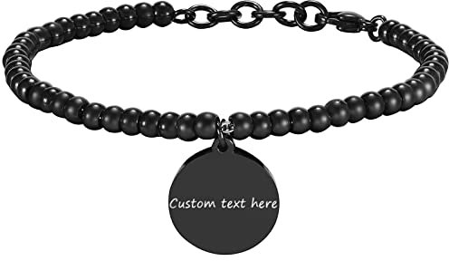 JewelryWe Schmuck Personalisiert Armband Damen Perlenarmband Kugelarmband mit Rund Kreis Anhänger Edelstahl verstellbar Armreif Armkette Gravur Schwarz