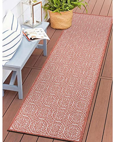 Rugshop Capri Übergangs-Teppich mit floralen Kreisen, strukturiert, Flachgewebe, leicht zu reinigen, Outdoor-Teppiche für Deck, Terrasse, Hinterhof, Innen- und Außenbereich, 61 x 180 cm, Terra