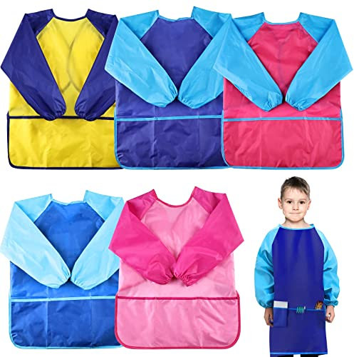 Malschürze Kinder - Bastelschürze Kinder, 5 Stück Wasserdicht Kinder Malkittel 3-8 Jahre Mädchen/Junge mit Langarm und Taschen, Malkittel Kinder für Kunst Schule Malerei Kochen Essen Laboraktivität