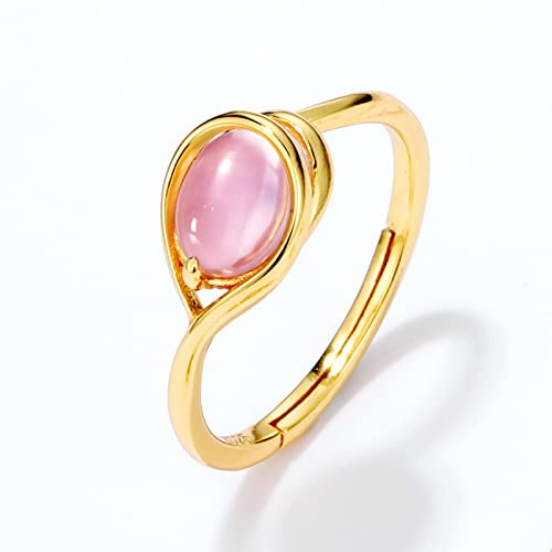 Bague Réglable En Quartz Rose Ovale Naturel 8 * 6 925 Bijoux Plaqués Or Pour Femme En Argent Sterling