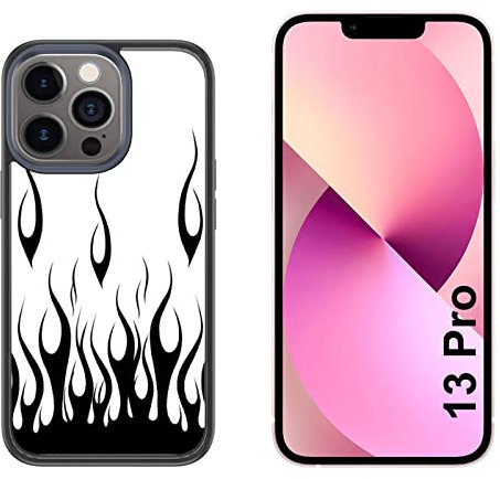 Generico Cover compatibile con Cover Apple iPhone 13 Pro Fuoco Sfondo Bianco Fiamme Nere/Glass Back con gomma sui lati/TPU rigido