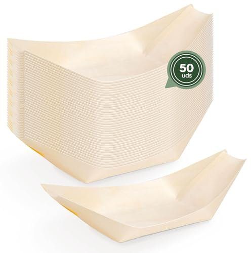 Horeca Collection MAXI PRODUCTS - 50 Barquillas de Madera Desechables - Cuencos Catering Aperitivos Desechable - Cuenco Madera Cocktail - Barquillas Madera 11 x 6,5 x 2 cm - PRÁCTICO Y APILABLE