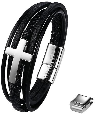 Cupimatch Herren Armband Kreuz Lederarmbänder Silber Mehrschichtiges Geflochtenes Leder Edelstahl Armband Gotik Punk Rock Manschette Armreif mit Karte Geschenke für Sohn