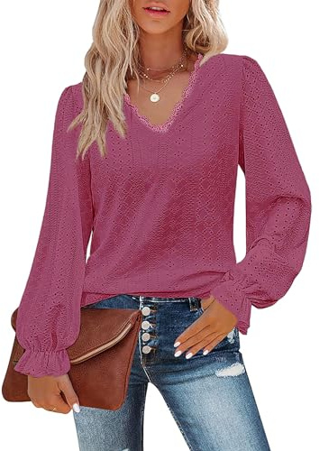 Flikity Women's Blouses & Shirts, Ladies V-Neck Tops Puff Long Sleeve Eyelet Tops Dressy Party Office Work Casual Winter Layered Shirts