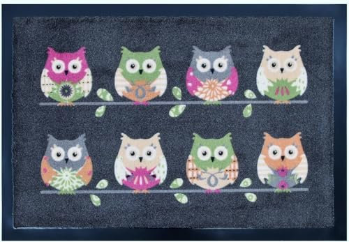 Fußmatte Tiere Eulen Katzen Hunde Blumen für Innen und Außen Home 40x60 cm wetterfest rutschfest waschbar (Eulen dunkelgrau)
