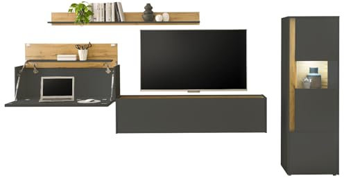 Furn.Design Wohnwand mit Sekretär/Schreibtisch in grau matt und Wotan Eiche Wohnkombination Büromöbel Home Office 6 teilig Set 320 x 170 cm Center (Set 3)