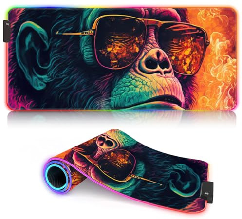 RGB Gaming Mouse Mat Large 14 Glowing Modes LED Mousepad XL XXL Anti Slip Rubber Base Computer Keyboard Mice Mat for Desk PC Laptop Soft Mouse Pad Marijuana Monkey 15.7x35.4inch