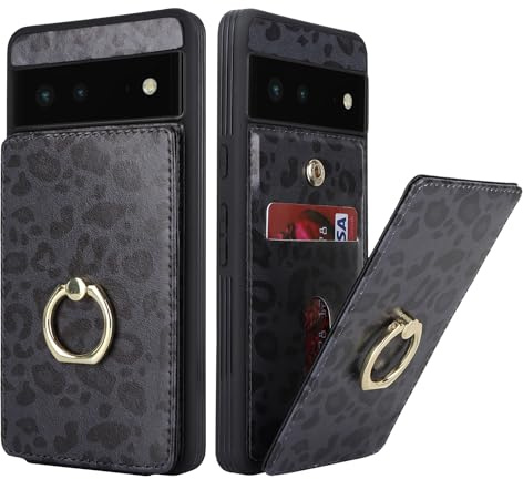 SailorTech für Google Pixel 6 Handyhülle mit Kreditkartenhalter für Frauen, Google Pixel 6 Hülle Ring-Ständer Kartenschlitze Standfunktion Modische Tasche für Männer - Schwarzer Leopard
