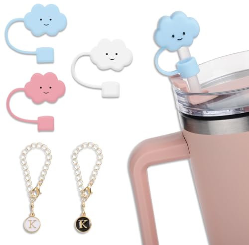 ANSUG Lot de 3 housses de paille en silicone en forme de nuage et 2 pendentifs en forme de lettre K réutilisables pour gobelets de 1,2 à 1,2 l - Accessoires de paille anti-poussière pour tasses