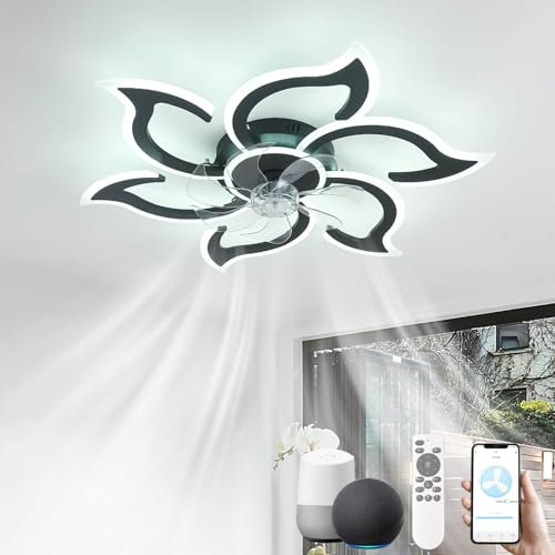 LJX Led Ceiling Fan Light Compatible with Alexa and Google Assistant 88cm Flower Ceiling Fans with Lights and Remote Control 2.4GHZ WiFi Mute Timer Dimmable for Bedroom Living Room,Black