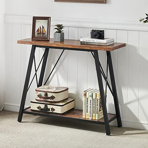 SHOCOKO Industrial Sofa Console Table with Storage Shelves, Hallway Entryway Table for Living Room, 39.4 Inch Narrow Foyer Table TV Console Table with Metal Frame, Rustic Brown