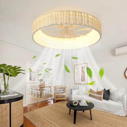 Bamboo Ceiling Fan with Retro Fan, 6 Speed Silent Ceiling Fan with Light And Remote Control with Timer Dimmable Reversible Ceiling Fan Light Bedroom Living Room
