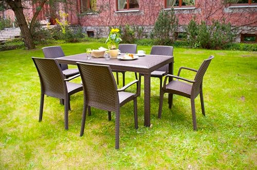Dmora - Tisch im Freien Giove, rechteckiger GartenRegal, Mehrzweck-Gartentisch in Rattan-Optik, 100% Made in Italy, 150x90h74 cm, Braun