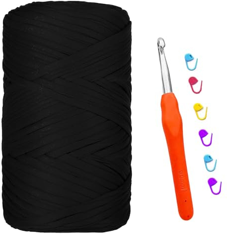 Fettuccia per Borse a Uncinetto, 400g/120m Filo per Uncinetto, Filato Grosso per Borse, Cordino per Borse Uncinetto, per Lavori a Maglia e All'uncinetto, DIY, Artigianato (Nero)