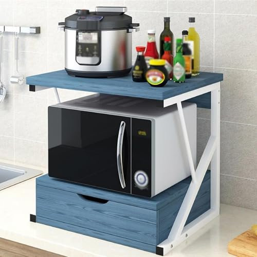 Estante para horno microondas con cajón, soporte de encimera de 2 niveles para almacenamiento de cocina, organizador de madera para impresora y microondas, estante de almacenamiento de oficina en casa