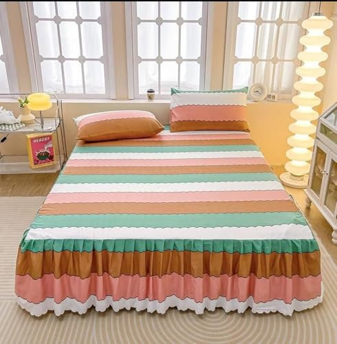 Epinki Bett Volant 180x200cm Hülle, Streifen Muster Bettrock Rüschen Gedruckt Schlafkomfort, Polyester Betttuch Bunte für alle Jahreszeiten