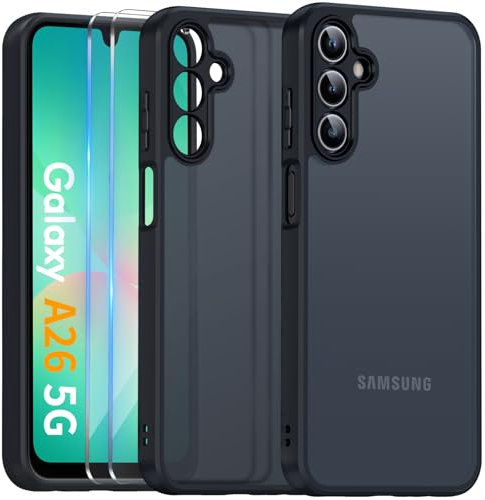 COPIKE Coque Mat pour Samsung Galaxy A26 5G avec Protection Caméra et 2 Pièces Verre Trempé, Étui Arrière Translucide Givrée, Mince Antichoc Anti-Empreintes Digitales Housse, Noir