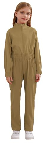 Miaeowve Kinder Arbeitsoverall Jungen Mädchen Kesselanzug Langarm Schutzoverall Maleroverall Stehkragen Arbeits Jumpsuit Ganzkörperanzug Arbeitskombi Khaki 134-140
