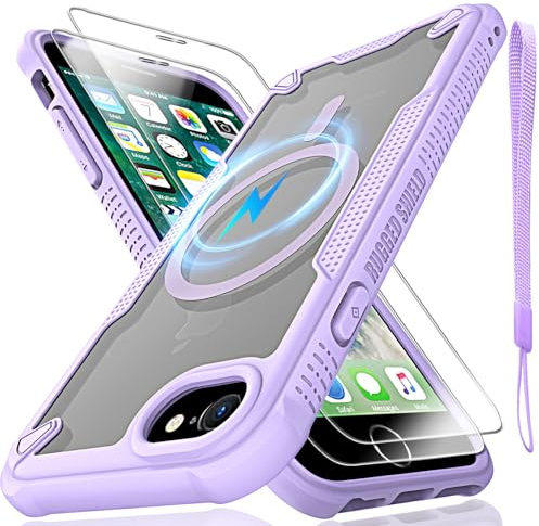 for iPhone 6/7/8,SE2,SE3 Case, Translucent Matte Back with Magsafe Magnetic Slim Shockproof Protective Case with Lanyard Strap and 2*9H Tempered Glass Screen Protector Phone Cover 4.7-inch-Purple