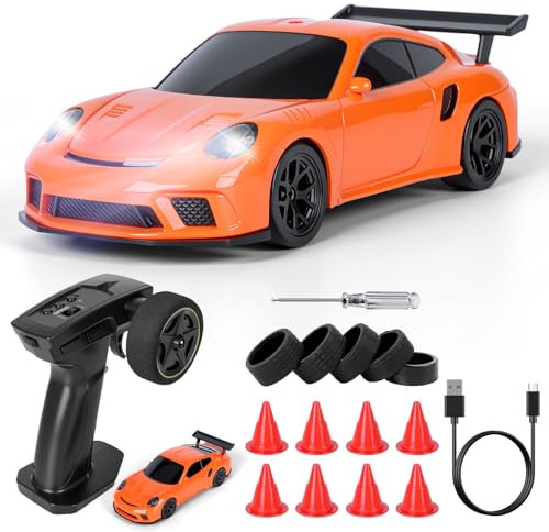 JONRRYIN Drift Auto Ferngesteuert, 1:43 Mini Drift Car, 4WD Tabletop Drift RC Car, Ferngesteuertes Auto ab mit LED Leuchten, 15 km/h, Spielzeugauto für Kinder ab 14 Jahre (Orange - Standard)