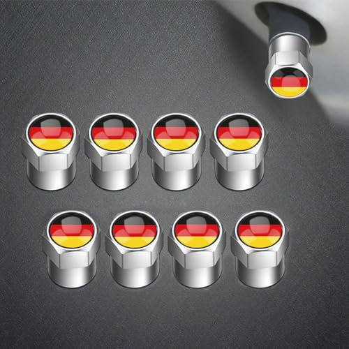 Frohstadt 8er Set Ventilkappen Auto Silber Flagge Deutschland | Aus robuster Aluminiumlegierung mit Harzversiegelung. Universell passend fuer Schraderventile an PKW und Motorrad