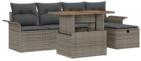 vidaXL Garten-Sofa-Set mit Kissen mit Speicher 6 pcs Grau Poly Rattan, Garten- und Terrassensofa, modern, modular, verstellbare Füße, Außenlounge, Akazienholz-Tisch, praktische Sitzgelegenheit