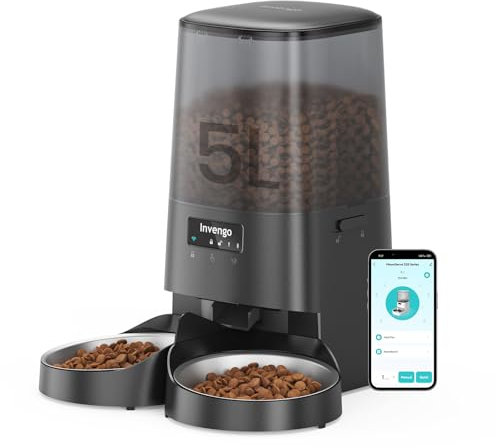 Invengo Comedero Automático 5L para 2 Gatos, Control App, Wi-Fi 2.4/5G, Porciones Programables, Doble Alimentación, Anti-Atasco, Recipientes Acero INOX, Fácil de Limpiar