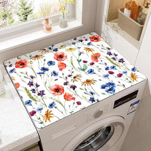 Odot Washer and Dryer Top Mat Cover, 50x60cm Washer Dryer Top Protector Washing Machine Cover Dust-Proof Non-slip Rubber Protection Mat for Laundry Room Kitchen Home (Red flowers,50x60cm)