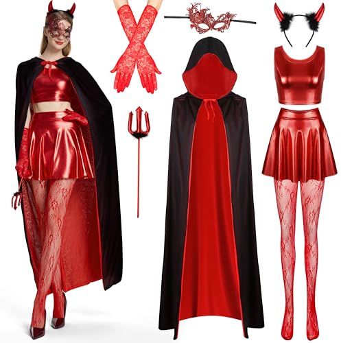 IEEILULU Teufel Kostüm Damen, Frauen Teufelkostüm mit Teufelsgabel, Stirnband, Augenbinde und Handschuhen, Schwarz Rot Doppelseitig Teufel Umhang Set für Halloween, Karneval, Masquerade, Cosplay (L)