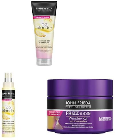 John Frieda Blond Friends Set - Go Blonder Shampoo, 250 ml + Aufhellungsspray, 100 ml + Frizz Ease Wunder-Kur, 250ml - Stufenweises Aufhellen und intensive Reparatur
