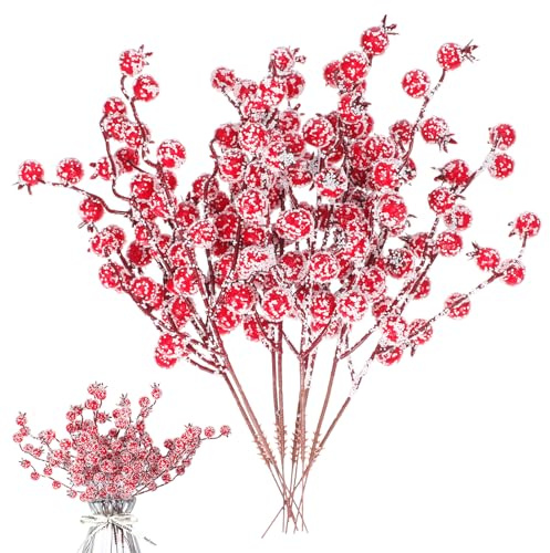 Hemobllo 10 Stück Künstliche Rote Beerenzweige-Schaum-Äpfel Pick mit Künstlichem Schnee, Trockenblumen & Kunstblumen Weihnachten, Kleben Stechpalmenbeeren für Weihnachtsbaumdekoration, Blumenarrang