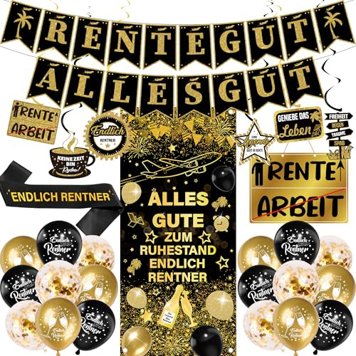 Rente Deko Endlich Rentnerin Mann - 29 Stück Deko für Ruhestand Geschenk | Schwarz Gold Ruhestand Deko mit Girlande Schärpe Ballons für Abschied