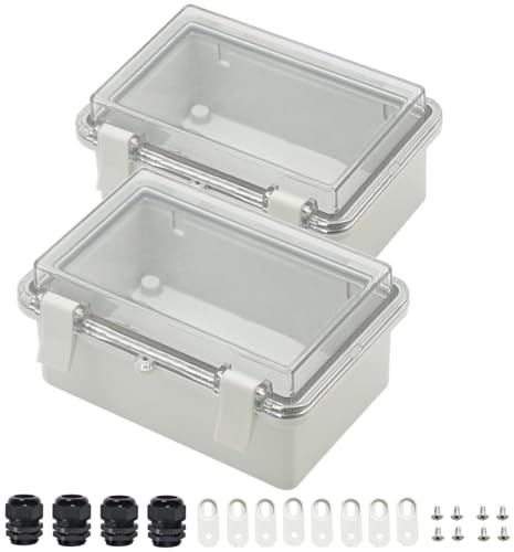 Zulkit 2pcs Junction Box ABS Plastic Dustproof Waterproof IP65 Electrical Boxes Hinged Shell Outdoor Universal Project Enclosure Clear Cover with 2 Cable Glands 5.9 x 3.9 x 2.8 inch (150x100x70 mm)