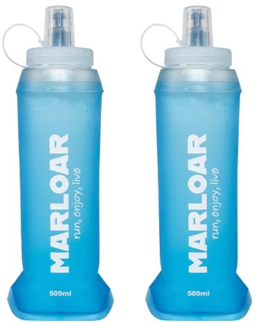 MARLOAR Soft Flask - Botella Plegable - Botella Plegable Silicona - pack de 2 unidades de Soft Flask 500ml para running, trail running, ciclismo y senderismo. BPA free. (AZUL, Boca ancha (500ML))