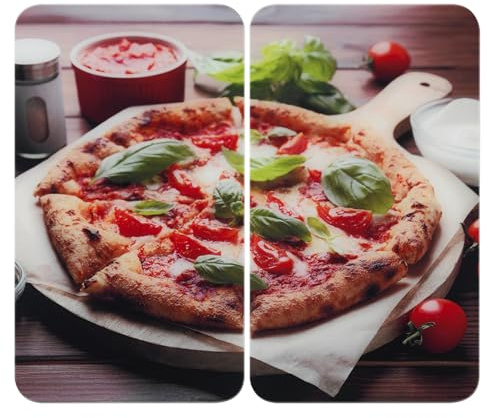 Herdabdeckplatte Universal Mod. Pizza, höhenverstellbar für alle Herdarten, Schneidebrett und Spritzschutz, Glas, 30 x 52 cm, 2-teilig