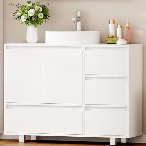 ANWBROAD Waschbeckenunterschrank Unterschränke fürs Bad mit 4 schubladen | 90x30x64,5cm Unterschrank Waschbecken Stehend badezimmerunterschrank mit Füßen 2 Türen,Waschtisch Unterschrank Weiß