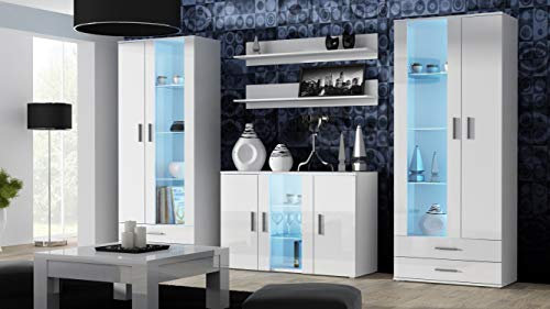 Wohnwand SOHO 10 mit Blauer LED Beleuchtung, Anbauwand, Wohnzimmerschrank, Schrankwand, Vitrine, Lowboard, Hängeregal (Weiß/Weiß Hochglanz)