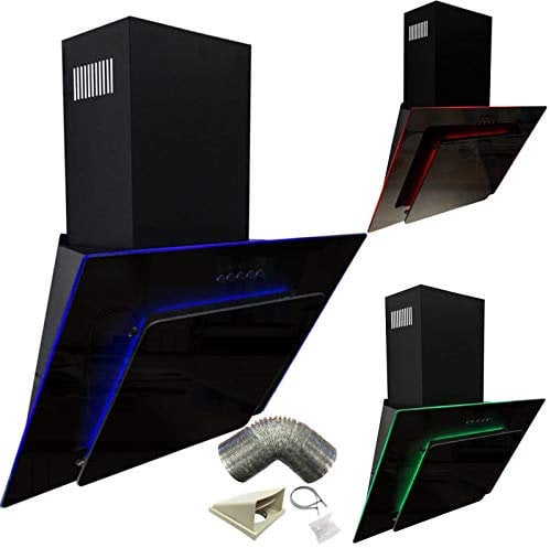 SIA AGE71BL 70cm Black Glass Angled Kitchen Cooker Hood Chimney Extractor Fan With Red Blue & Green LED Edge Lit Mood Lighting & 1m Ducting Kit
