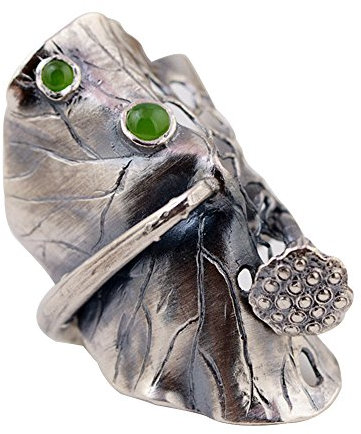 Schwarz Breite 990 Sterling Silber Lotus Blatt Ring mit Natürlich Grün Jade für Damen Offen Verstellbar