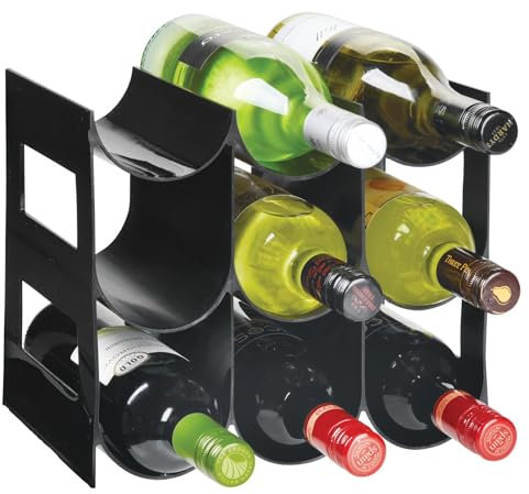 mDesign praktisches Wein- und Flaschenregal – Weinregal Kunststoff für bis zu 9 Flaschen – freistehendes Regal für Weinflaschen oder andere Getränke – schwarz