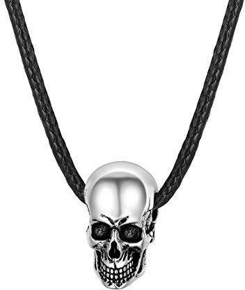U7 Herren Kette 925 Sterling Silber Schädel Totenkopf Anhänger mit Lederkette Gotik Skull Punk Stil Unisex Schmuck Accessoire für Frauen Jungen