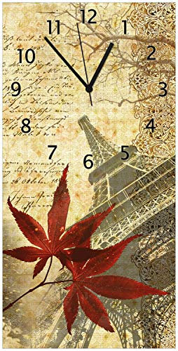 Wallario Design-Wanduhr Paris Design - Eiffelturm im Herbst aus Glas, Motiv-Uhr Größe 30 x 60 cm, Schwarze Zeiger