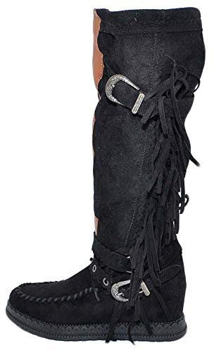 Stivali Donna Indianini Neri Scamosciati con Frange Zeppa Interna 5 cm Cinturino Fibbia Altezza Ginocchio Moda (40 EU)