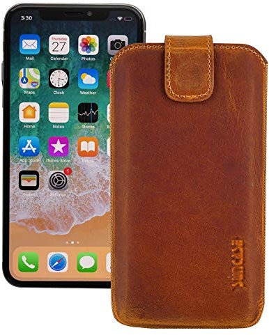 Suncase ECHT Leder Tasche kompatibel mit iPhone 12 Pro (6.1) mit ZUSÄTZLICHER Transparent Hülle | Schale | Silikon Bumper Handytasche (mit Rückzugsfunktion und Magnetverschluss) in antik Cognac