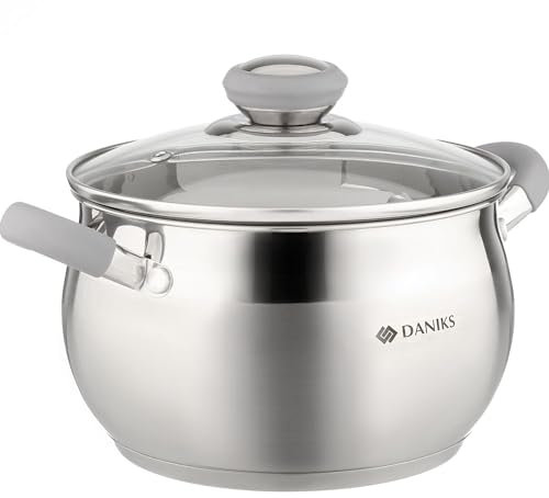 Daniks Modern Faitout Inox 18 cm 2.9 L, Casserole avec Couvercle en Verre, Tous Feux y Compris Induction, Poignées en Silicone, Échelle de Mesure, Argent