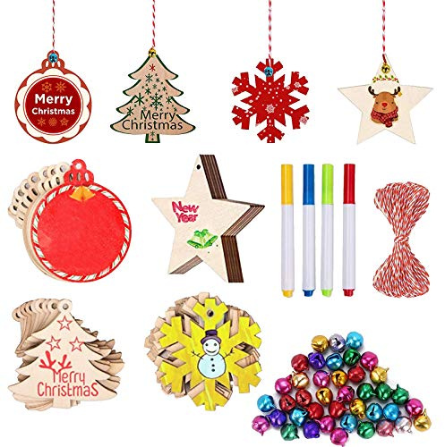 FOGAWA 124 Stück Weihnachtsbaum Anhänger Holzscheiben Christbaumanhänger zum Bemalen Holz Scheiben Baumschmuck Holz Schneeflocke mit 40 Glocken Hängeornamente für Weihnachtsanhänger Geschenkanhänger
